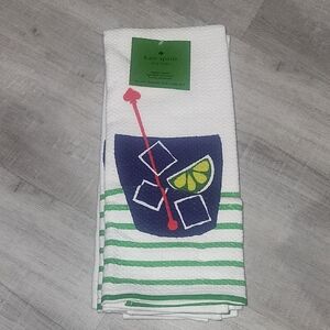 Kate Spade White and Green Striped Towel with Drink Design